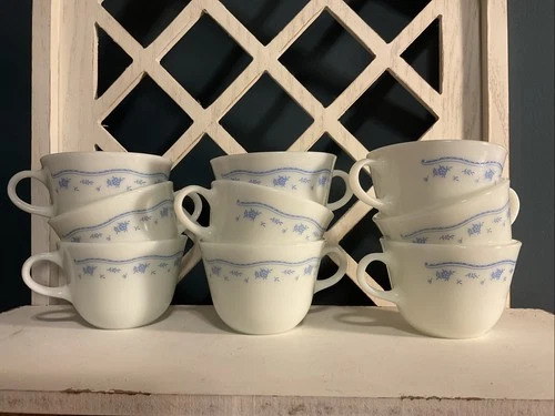 Pyrex Vintage Morning Blue Coffee Tea Cup Milk Glass Set 9 Pieces