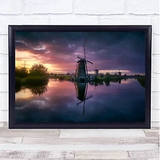 Kinderdijk Amsterdam Sunset Cloudy Windmill Mill Energy Wall Art Print