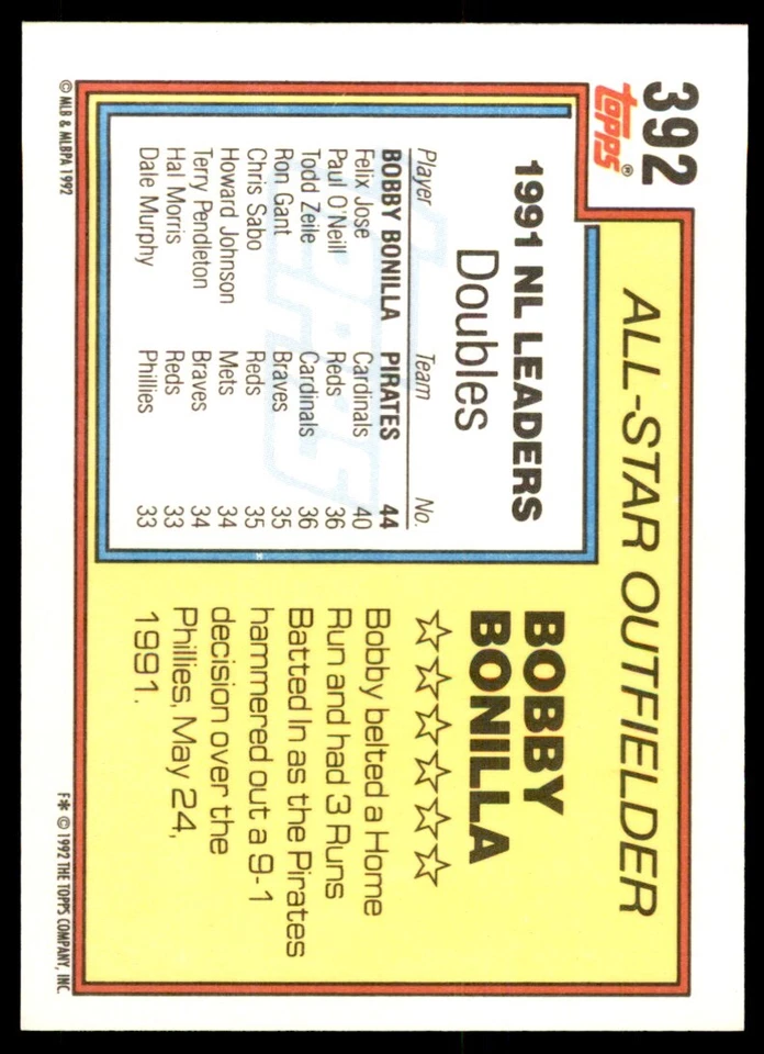 1992 Topps Bobby Bonilla Pittsburgh Pirates #392 - Image 2 of 2