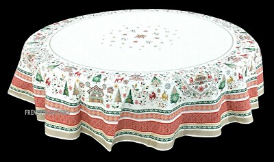 French Provencal Cotton Tablecloth Edelweiss, Reindeer, Alps Holiday 71'' France