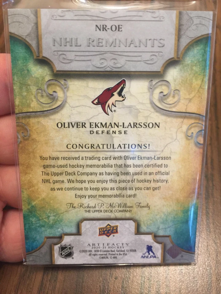 OLIVER EKMAN-LARSSON 2020-21 UD ARTIFACTS NHL REMNANTS COYOTES WORN JERSEY PATCH - Image 2 of 2