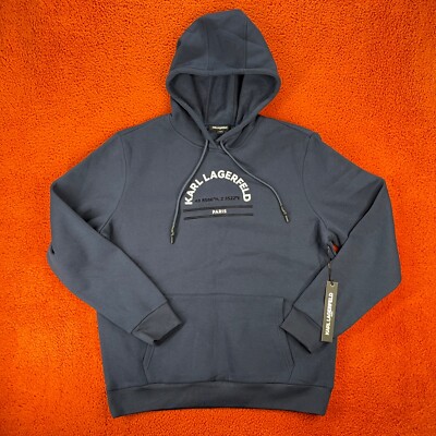 KARL LAGERFELD Paris Mens LARGE Logo Graphic Sweatshirt Hoodie Navy Blue NEW