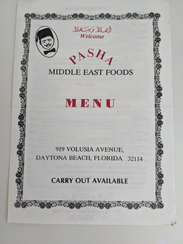 Pasha Middle East Foods Menu - Daytona Beach, FL - (90s or 2000s)