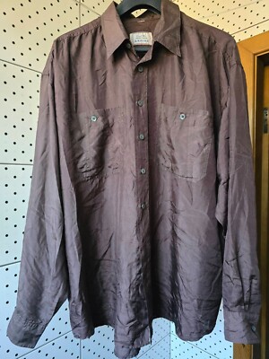 Vintage 80s ARPINO Silk Mens Chocolate Brown Shirt Plus Size Long Sleeves XL-2XL