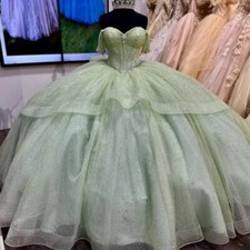 Light Green Quinceanera Dresses Ball Gown Off Shoulder Beading Sparkling Party 