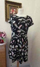 MELA LONDON WOMENS FIT &FLARE DRESS -MULTICOLOURED FEATHER PRINT ZIPER- SIZE 14