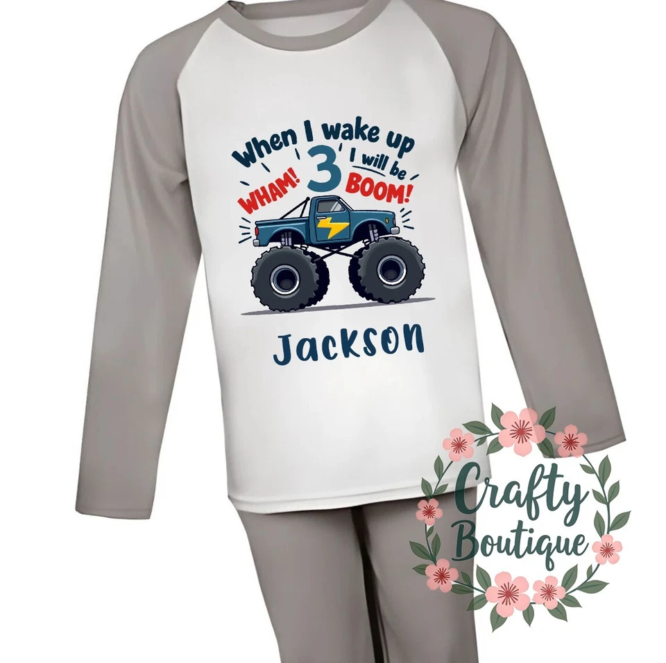 3RD день рождения Monster Truck PJs, персонализированный автомобиль пижамы проснуться три - 1121 - Изображение 2 из 3