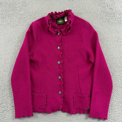 Vintage Hammerschmid Cardigan Womens 38 Pink Wool Buttons Ruffles Sweater Preppy