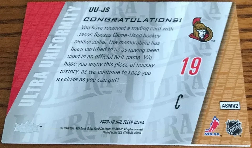 2009-10 Fleer Ultra Uniformity Jerseys Jason Spezza UU-JS Ottawa Senators - Image 2 of 2