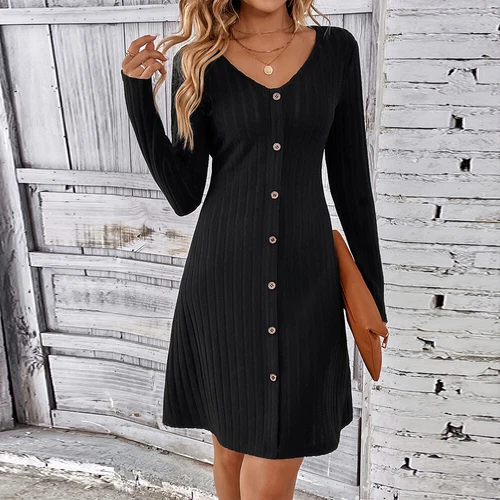 Womens Long Sleeve Button Jumper Dress Ladies Waist Retraction V Neck Dresses - Foto 6 di 13