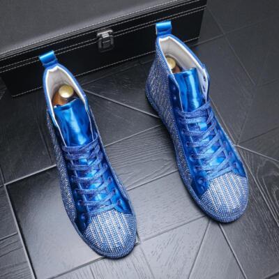 Mens Ankle Boots Round Toe Rhinestone Casual Board Shoes Lace-up High-top New