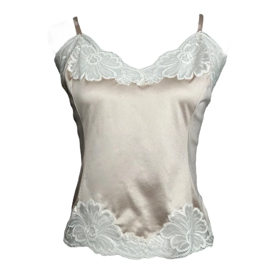Vintage 80s Cami 38 / M Cream Floral Lace Trim Coquette Cottagecore Body Lites - Image 4 of 4