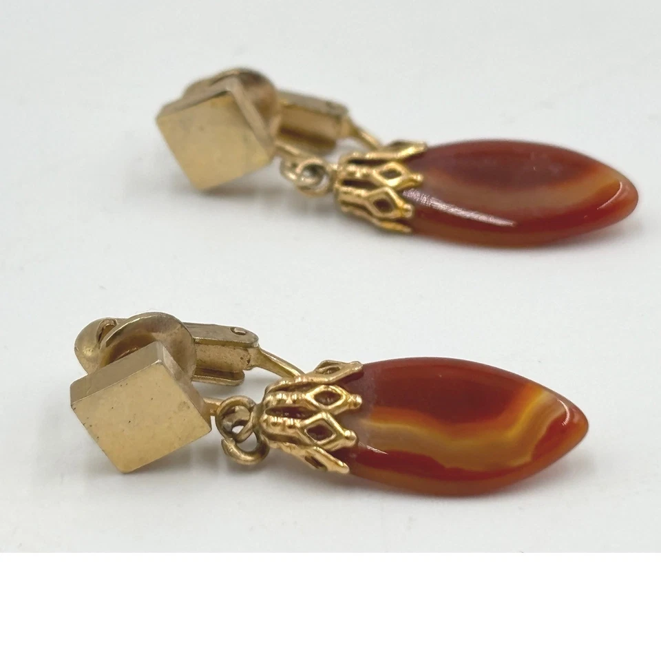 Pendientes colgantes vintage de piedra de cornalina tono dorado con clip piedras preciosas Foto 4 de 4
