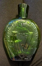 1942 V Day General MacArthur Green Blown Glass Flask Bottle "Keep Them Flying" 