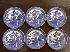 6 X VINTAGE ENGLISH IRONSTONE TABLEWARE BLUE & WHITE WILLOW MINI PLATES 4.4”