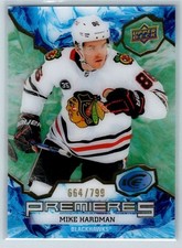 2021-22 UD Ice Premieres Green /799 Mike Hardman #201 Rookie Blackhawks RC