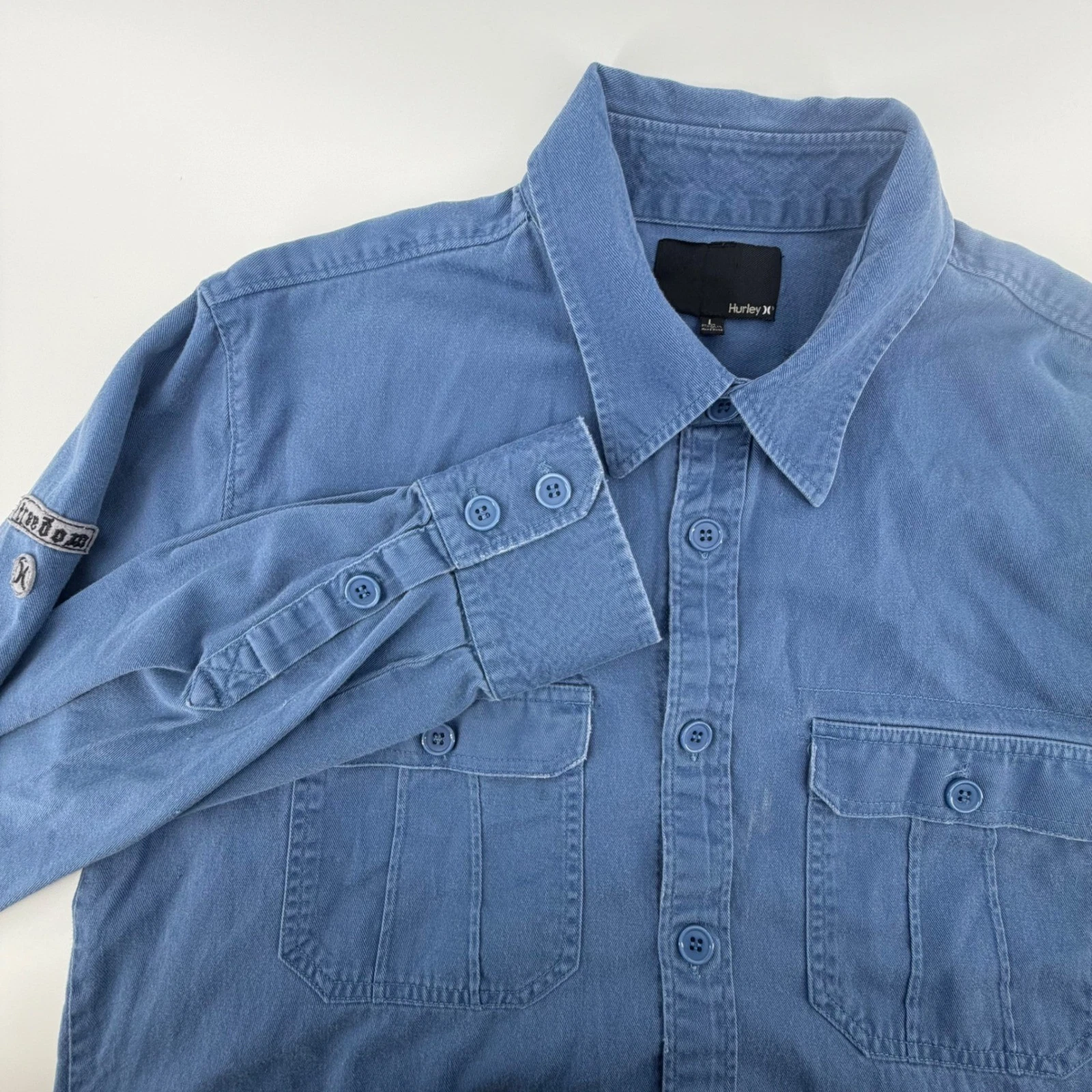 Hurley Mens Large Blue Long Sleeve Button Front Cotton Work Shirt Dual Pockets