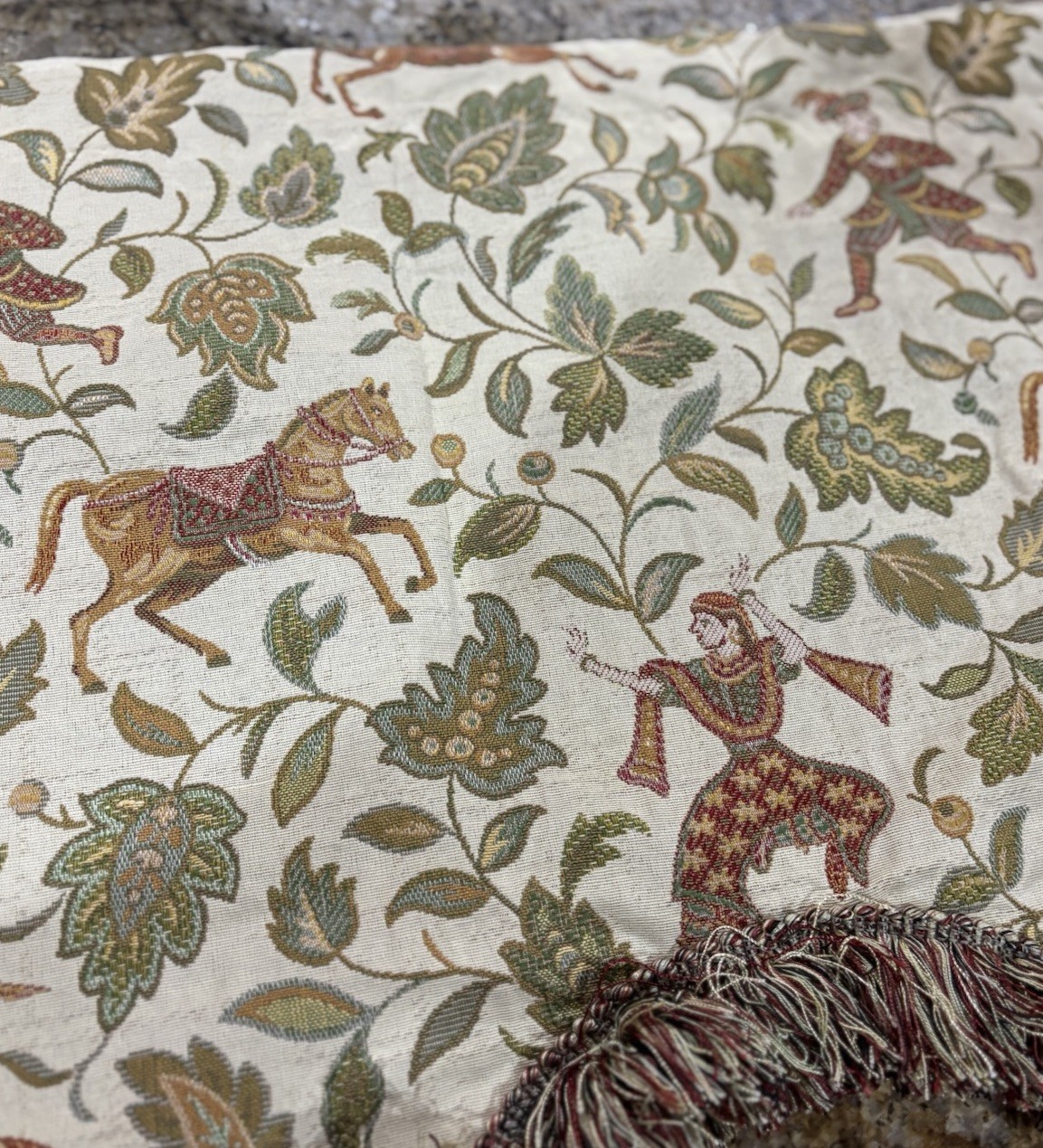 Vtg Custom Made Tapestry Valance Scalloped Fringe Asian Horse 53 X17