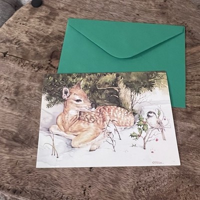 Vtg UNUSED Christmas Card Fawn Deer Bambi Chickadee Watercolor Sunshine W/Env