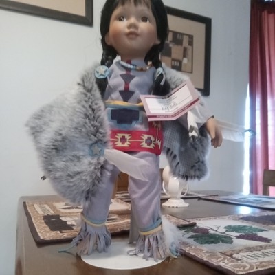 ASHTON DRAKE LITTLE GREY WOLF NATIVE AMERICAN PORCELAIN DOLL W/STAND