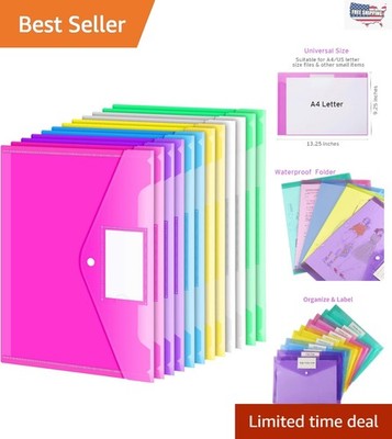 Colorful 12 Pack Plastic Folders with Label Pocket - Secure Document Storage
