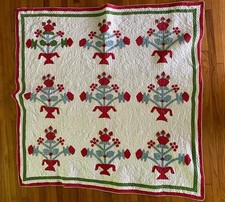Antique 19th Century Handmade Small Quilt 44 x 45 1/2 Flower Pot Appliqu 