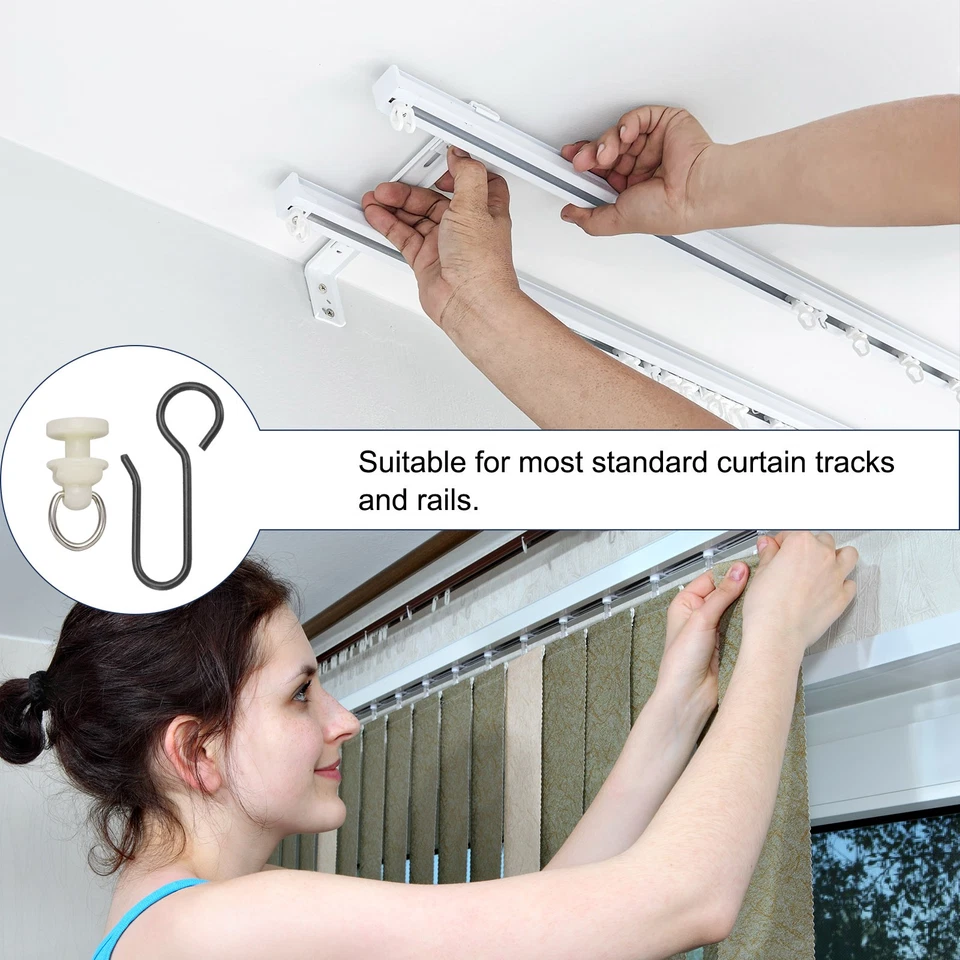 50 Sets Curtain Track Glider Pulley Curtain Track Rollers with Hooks,White/Black - Image 4 of 4