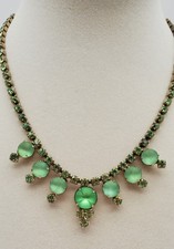 Vintage Necklace, Light Green Satin Cabochons with Green Rhinestones. 