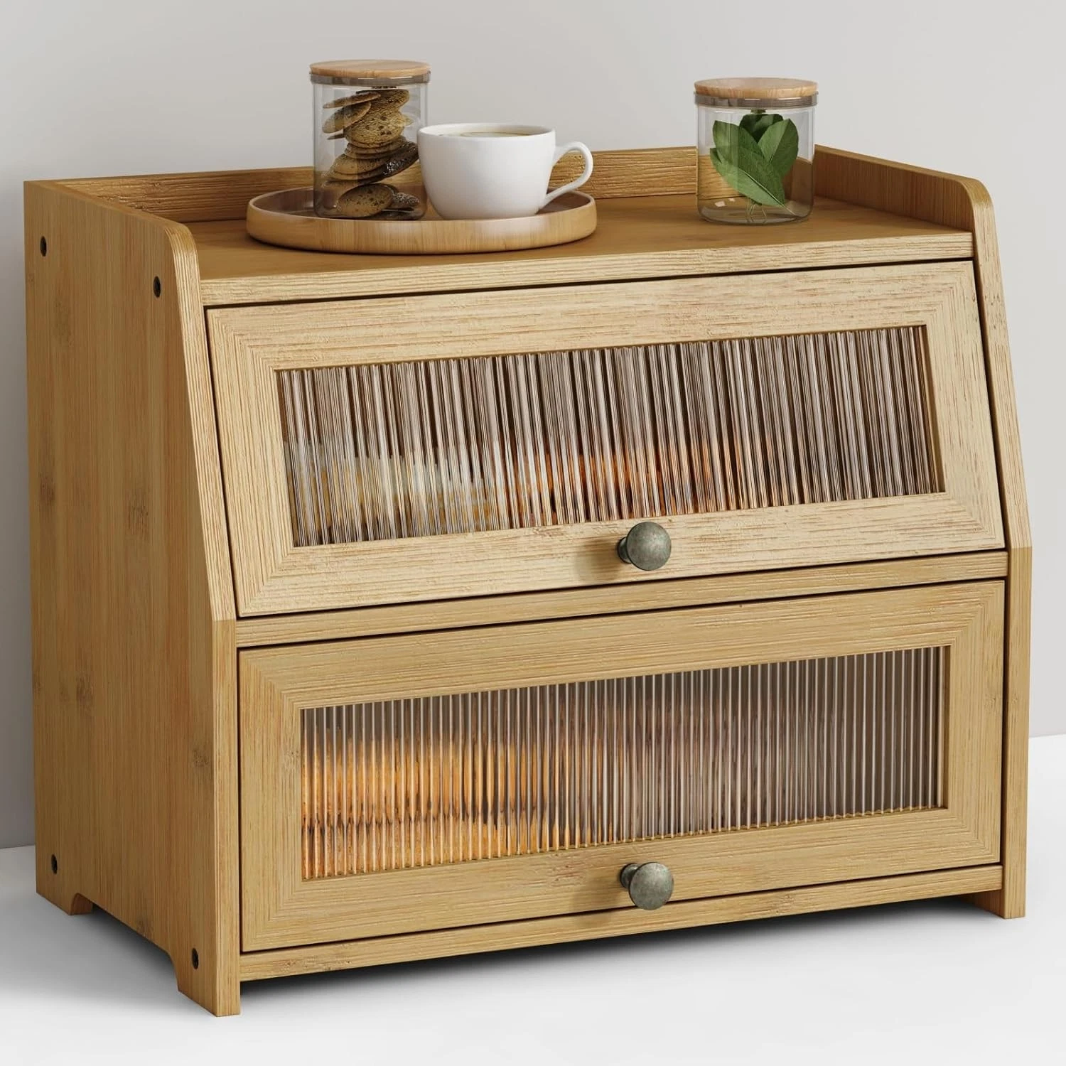 Large Bread Box for Kitchen Countertop, Double Layer Breadbox Bamboo