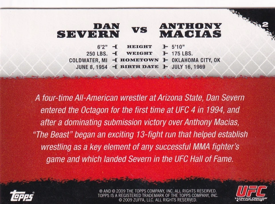 2009 Topps UFC Round 1 #2 Dan Severn RC vs. Anthony Macias - Image 2 of 2