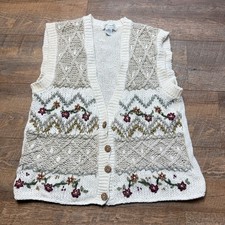 Margules Vintage Cream Crochet Knit Floral Vest Earthy Boho Hippie Size Medium