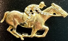 Vintage Gold Tone Jockey Horse Racing Brooch Pin Clear Rhinestone Equestrian