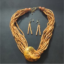 Peach Brown Wooden Multi Strand Beaded Shell Statement Necklace and Earrings Set