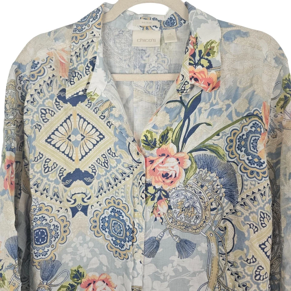 Top túnica de lino Chico's para mujer 4 EE. UU. XXL azul camisa floral sin camisa de hierro Foto 2 de 4