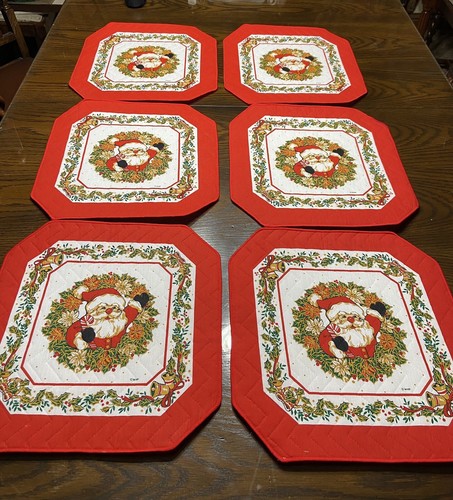 Vintage Christmas Placemats 6 Quilted Fabric WHP Santa Claus 14” Square EB19