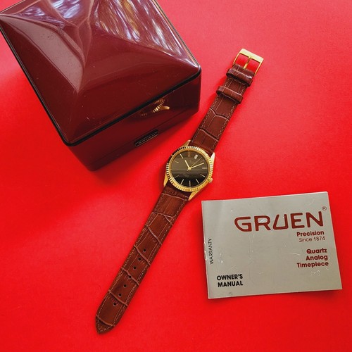 Gruen Black Diamond Dial President Watch Vintage Fluted Bezel Leather For Repair - Picture 2 of 9