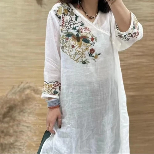 Retro Women Ethnic Embroidered Dress V Neck Chinese Floral Midi Tops Shirt Dress - Picture 14 of 22