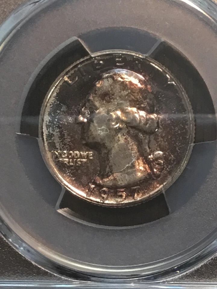 1957 US Washington TONED RED BLUE GOLD Silver 25 Cent PCGS PR67 Free Bonus Coin - Image 4 of 4