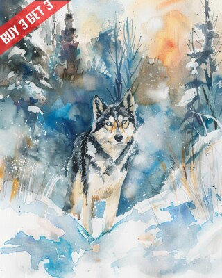 #ad Husky in the Snow Dog Watercolor Painting Print 8x10 $16.80