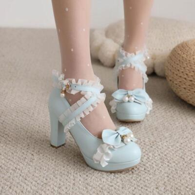 Ulalaza Femmes Lolita Chaussures Talon Mary Jane Pompes En Dentelle Avec Noeud Kawaii Mignon Cosplay Bottes Compensées Sangle Croisée Bloc Talon Style Doux