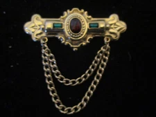 Vintage Victorian Revival Emerald Ruby Glass Gold Tone Bar Dangle Brooch Pin!