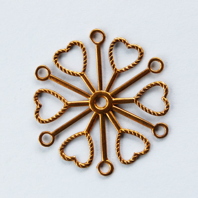 VINTAGE RAW BRASS STAMPING ROUND CIRCLE SPOKE FINDING HEART HEARTS 35mm