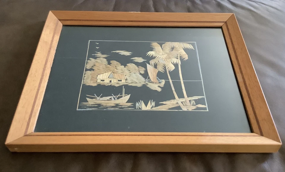 Cuadro de paja malaya marca rosa vintage * Hermosa obra de arte enmarcada Foto 2 de 4