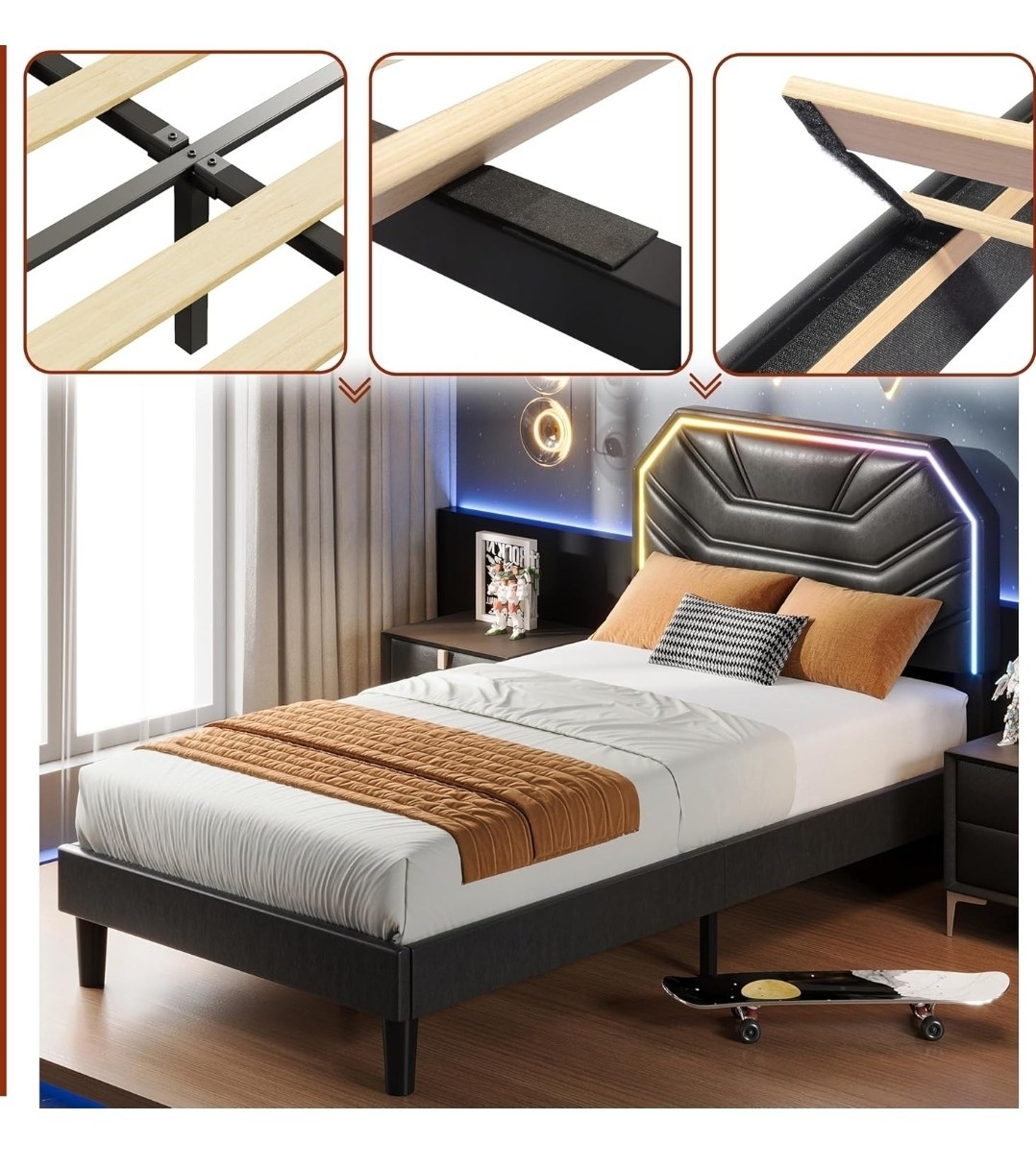 Twin XL Bed Frames with Lighted Headboard, Upholstered Modern Cama Twin XL Pl...