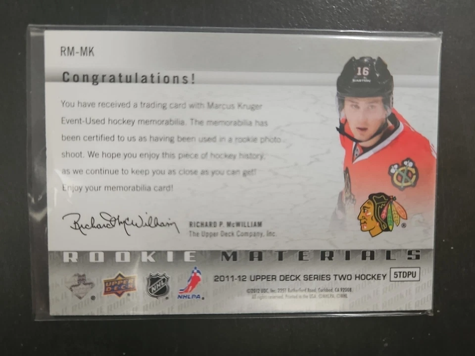 2011-12 Upper Deck Rookie Materials Marcus Kruger #RM-MK RC - Image 2 of 2