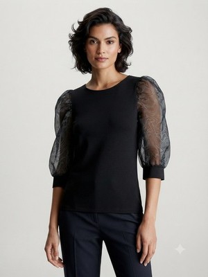 Calvin Klein Black Sheer Short Puff Sleeve Statement Blouse Size Small