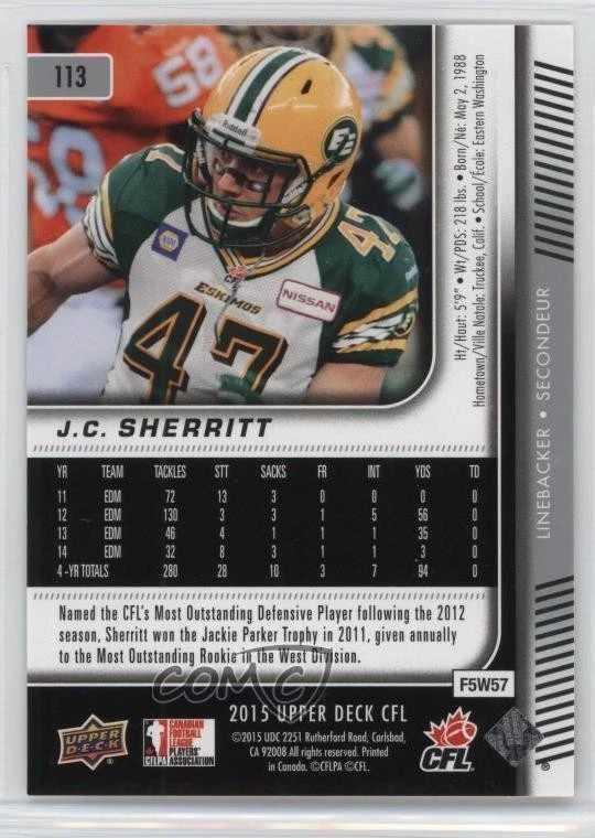 2015 Upper Deck CFL JC Sherritt #113 - Image 2 of 2
