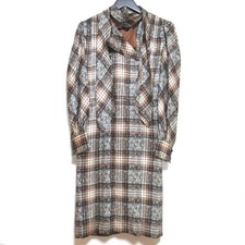 VALENTINO Vintage Check Pattern Satin Bowtie Collar Dress Coat Brown Women USED