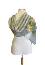 Vintage Light Blue Striped Silk Scarf with Floral Rose Border Square Wrap A69