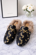 Gucci Princetown Black Gold Horsebit Fur Lined Mule Loafers Slip On Shoes 39 / 9